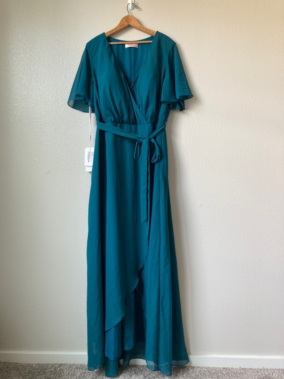 NWT JJ'S House Cecia Peacock Chiffon Ruffle flutter Sleeve Maxi Dress Gown 22W